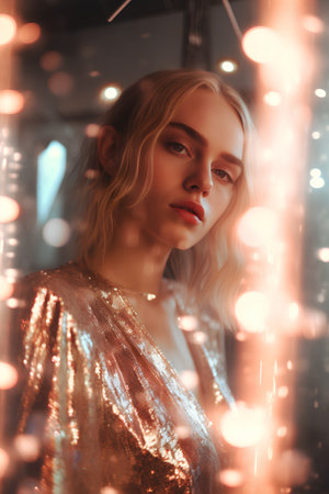 Portrait of a beautiful young blonde woman in a shiny gold dress.の素材