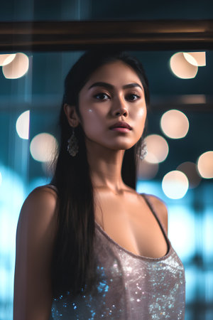 Portrait of beautiful asian woman in silver dress on bokeh backgroundの素材