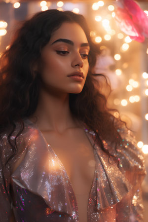 fashion interior photo of beautiful sensual woman with dark hair in elegant dressの素材