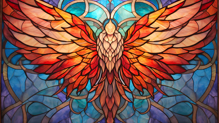 Illustration in stained glass style with abstract wings of a bird.の素材