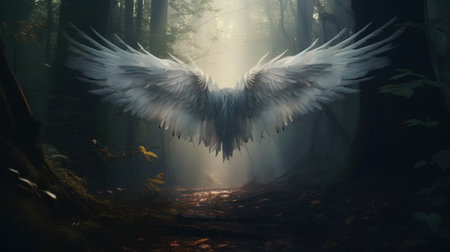 Angel wings in a dark foggy forest. 3D rendering.の素材