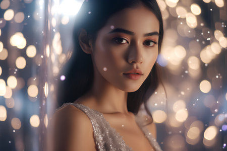 Fashion portrait of beautiful asian woman with sparkling lights on background.の素材