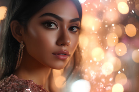 Portrait of beautiful asian woman with makeup in bokeh backgroundの素材