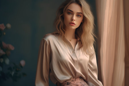 Portrait of a beautiful young blonde woman in a silk robe.の素材