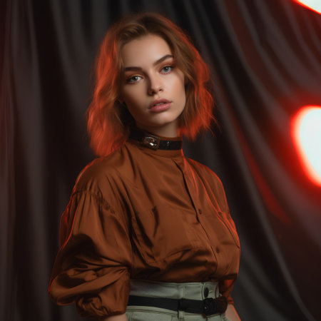 Portrait of a beautiful red-haired girl in a shirt on a dark backgroundの素材