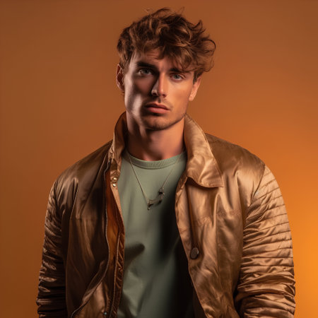 Handsome young man in a brown jacket. Studio fashion portrait.の素材
