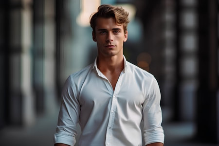 Portrait of a handsome young man in the city. Men's beauty, fashion.の素材