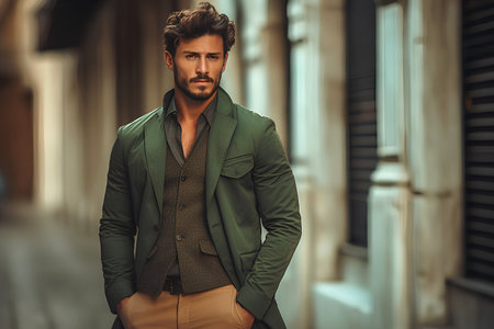 Portrait of a handsome young man in a green jacket. Men's beauty, fashion.の素材