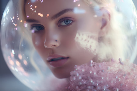 Portrait of beautiful young woman in crystal ball. Beauty, fashion.の素材