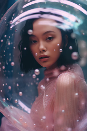 beautiful young asian woman in pink dress with soap bubbles.の素材