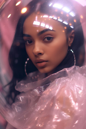 Fashion portrait of a beautiful woman in a crystal ball. Beauty, fashion.の素材