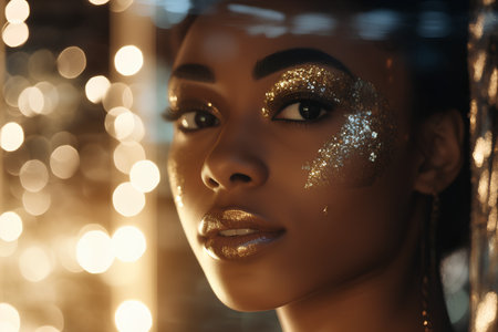 Fashion portrait of beautiful african american woman with golden make-upの素材