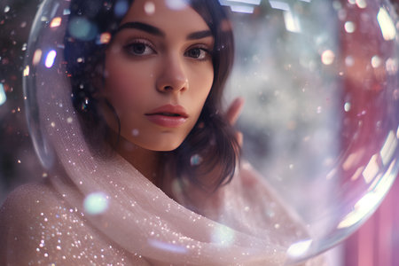 Portrait of a beautiful girl in a white scarf on a background of a crystal ball.の素材