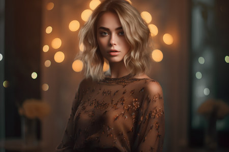 Portrait of a beautiful young woman with blond hair in a brown dress.の素材