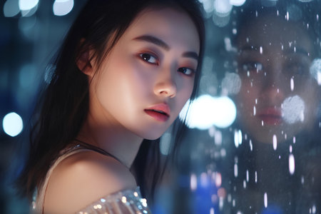 Portrait of a beautiful young asian woman in night city.の素材