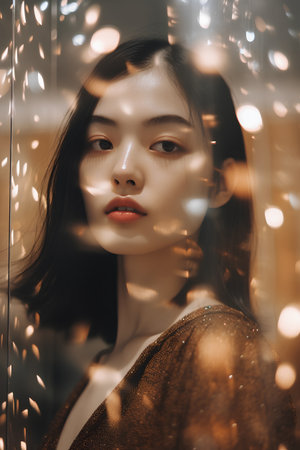 Fashion portrait of young beautiful asian woman with bright make up.の素材