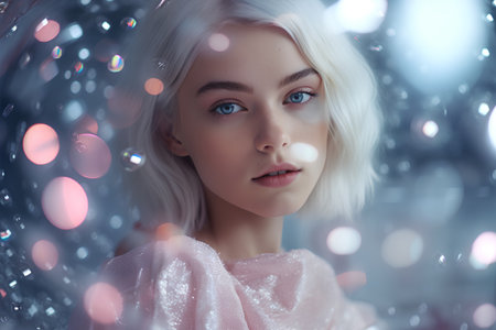 Portrait of a beautiful blonde girl with blue eyes in a pink dressの素材
