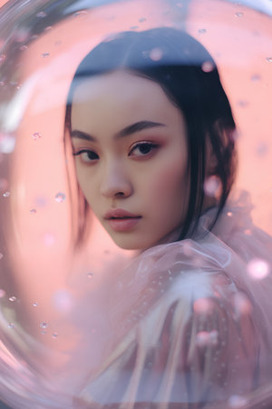3d rendering of a beautiful asian woman inside a crystal ballの素材