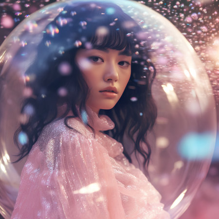 Beautiful young woman in a bubble ball. Girl in a pink dress.の素材