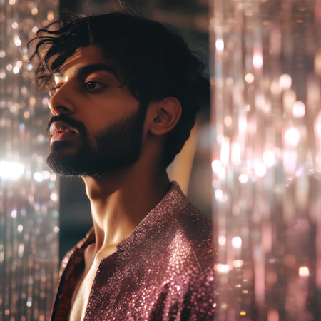 Handsome young man with stylish hairstyle and beard posing in night club.の素材