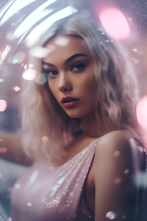 Beautiful young blonde woman with bright makeup and sparkles on her faceの素材