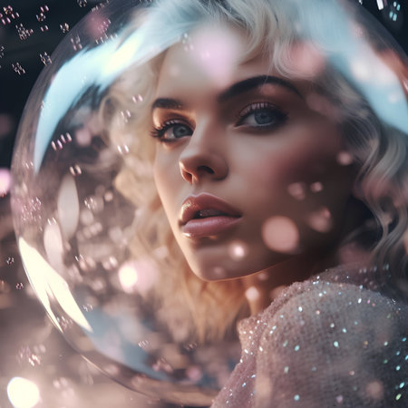 Fashion portrait of beautiful blonde woman in crystal ball with bokeh lightsの素材