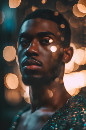 Handsome african american man in shiny evening dress looking awayの素材