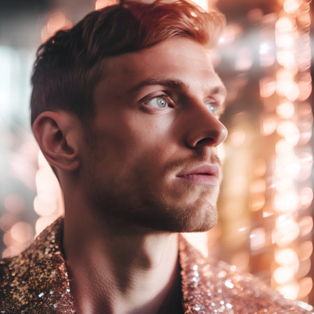 Portrait of a handsome young man on the background of Christmas lights.の素材