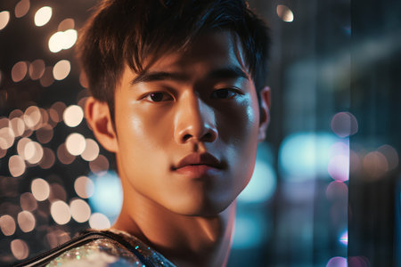 Portrait of a handsome young asian man on bokeh backgroundの素材