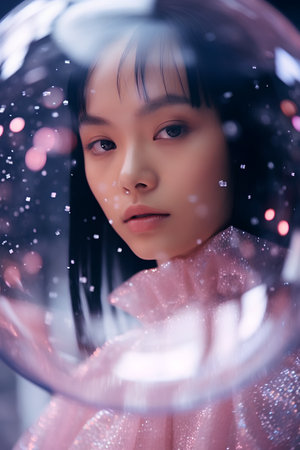 beautiful asian girl looking at camera through glass sphere in spaceの素材