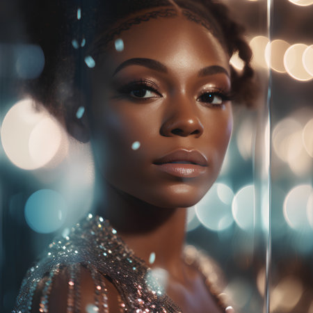 Beautiful african american woman in shiny dress. Fashion shot.の素材