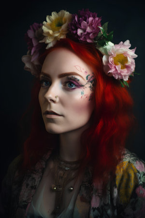 Portrait of a beautiful girl with a wreath of flowers on her headの素材