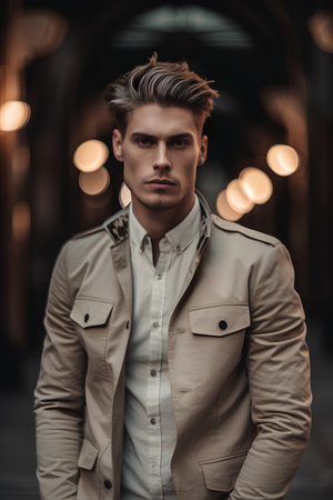 Portrait of a handsome young man in a beige coat. Men's beauty, fashion.の素材