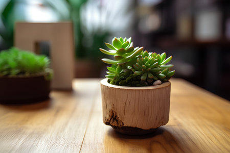 Succulent plant in a wooden pot on a wooden table.の素材