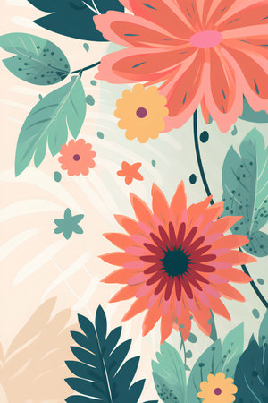 Floral background with flowers and leaves. Vector illustration in flat style.の素材