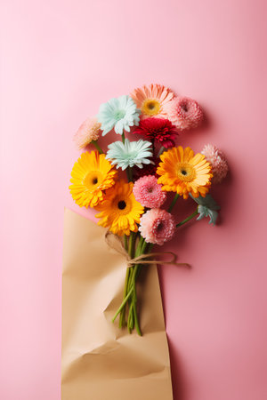 Bouquet of colorful gerbera flowers in paper bag on pink backgroundの素材