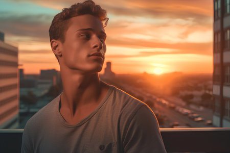 Portrait of a handsome young man standing in the city at sunset.の素材