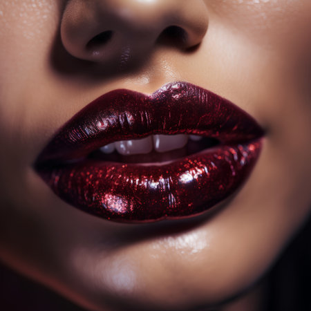 Closeup shot of beautiful female lips with bright red lipstick. Beauty, fashion concept.の素材