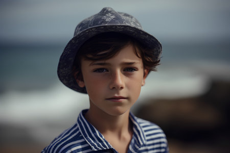 Portrait of a boy in a hat on the seashoreの素材