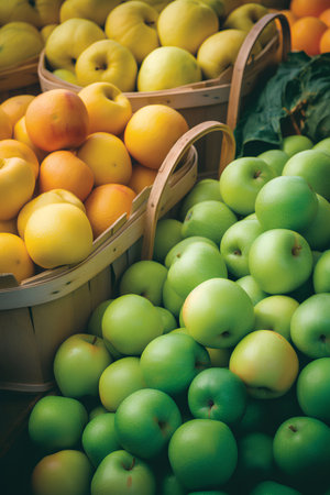 Fresh apples and lemons on the counter of the farmers market.の素材