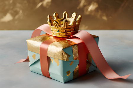 Gift box with gold crown on a blue background. 3d renderingの素材