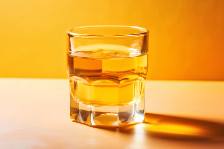Whiskey in a glass on a yellow-orange background.の素材