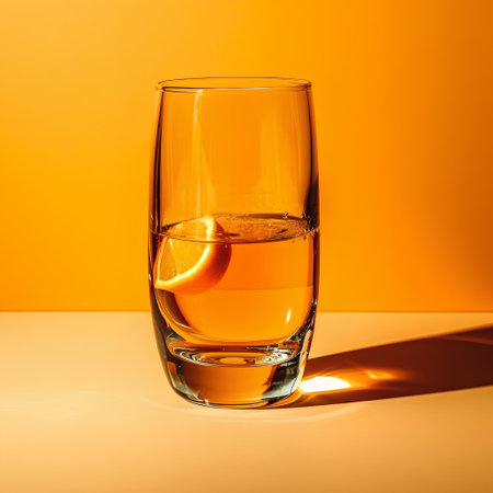 Glass of water with lemon slice on orange background. Minimal style.の素材
