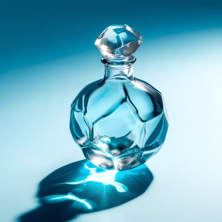 bottle of perfume on a blue background with a reflection of lightの素材