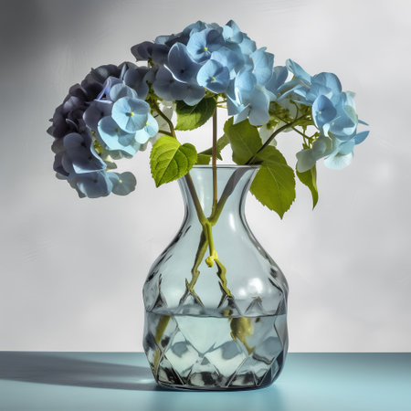 blue hydrangea in a vase on a blue backgroundの素材