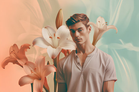 Handsome young man with lily flowers on abstract background.の素材