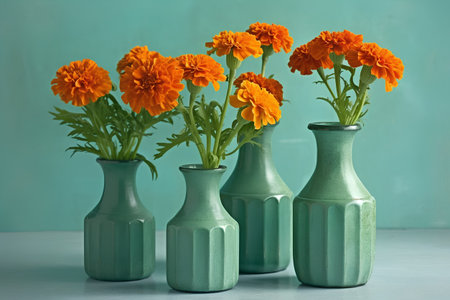 Orange marigold flowers in vases over turquoise backgroundの素材