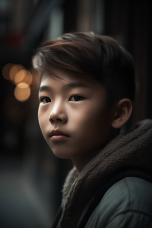 Portrait of a cute little boy in the city. Selective focus.の素材