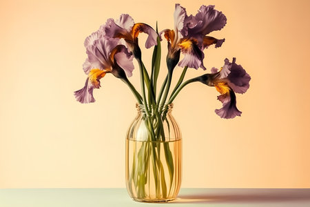 Bouquet of irises in a glass vase on a light backgroundの素材