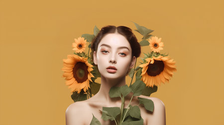 Portrait of beautiful young woman with sunflowers in her hairの素材